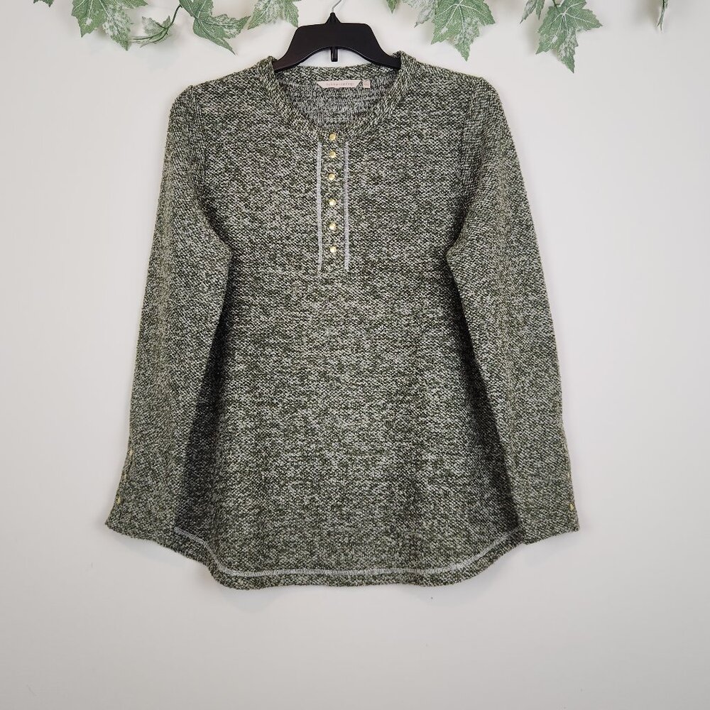 Soft Surroundings Size L Henley Olive Green Long Sleeve Stretch Textured Sweater